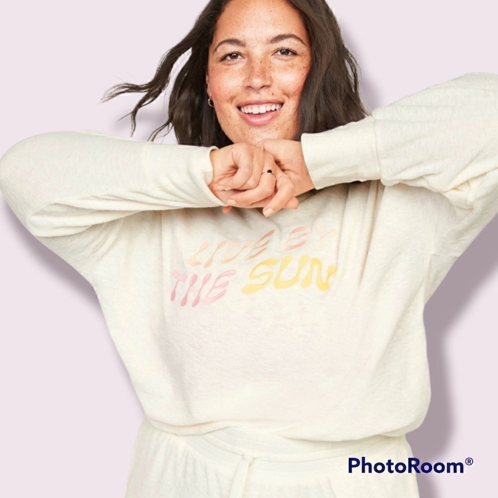 4X Old Navy Loose Cropped Terry Sweatshirt Cream Live By The Sun Summer Embroide